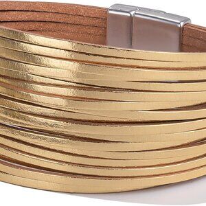 Boho Leather Wrap Bracelet Gold Layered Bangle Cuff Magnetic Clasp